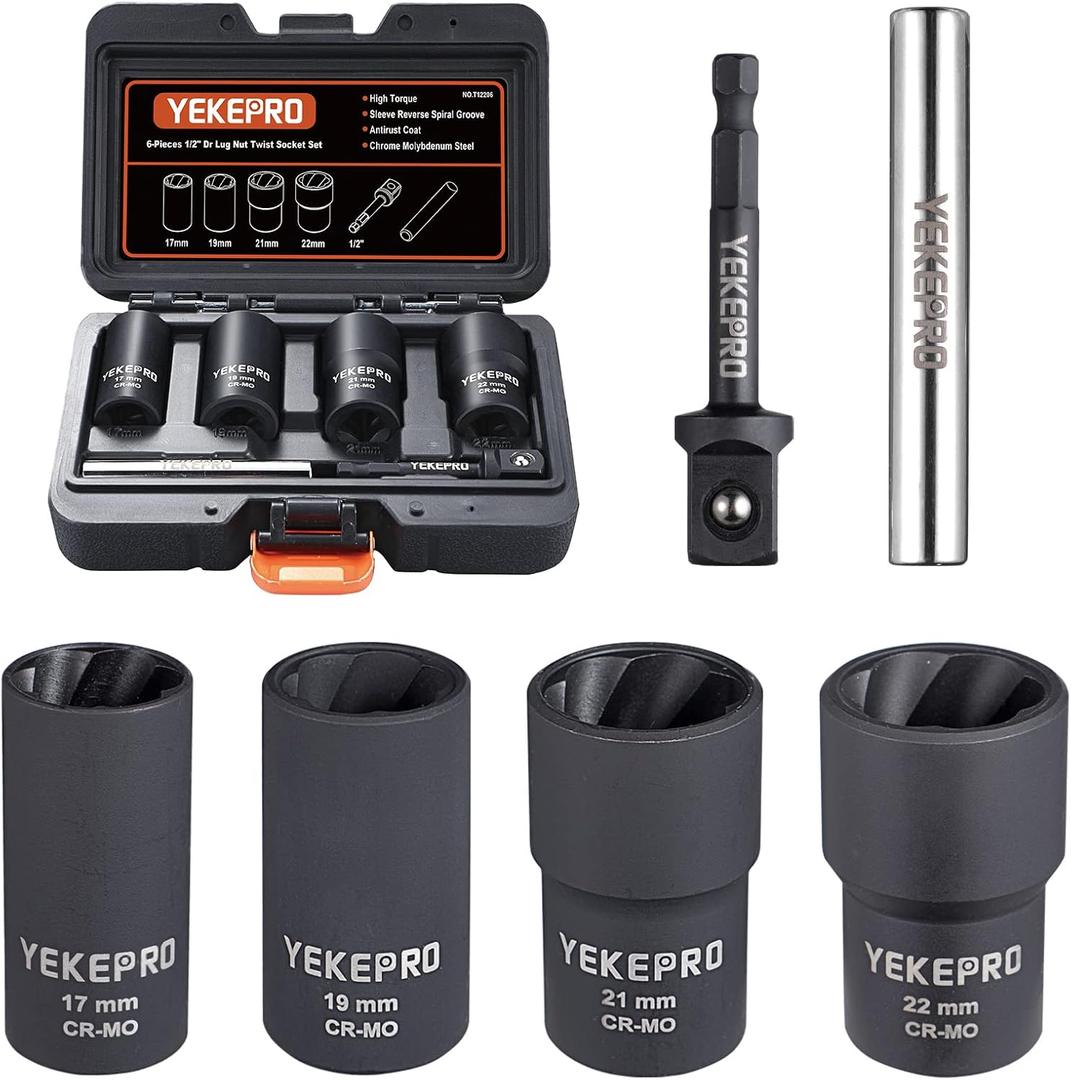 6 PCS Lug Nut Removal Tool, 1/2-inch Drive Impact Twist Socket Set & Bolt Extractor Set, 17,19,21,22MM Wheel Lock Removal Kit for Removing Damaged, Frozen, Rusted, Nuts & Screws, Cr-Mo Steel
