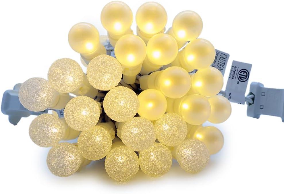 Warm White Christmas Lights Outdoor Pearlized and Berry G15 50 LED 13.5ft Plug in Mini Globe String Lights Whire Wire Waterproof Extendable for Indoor Patio Xmas Thanksgiving Tree Decoration Wedding