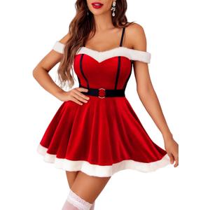Avidlove Christmas Dresses for Women Velvet Santa Outfit Off Shoulder Mrs Claus Costume (X-Large, Red)