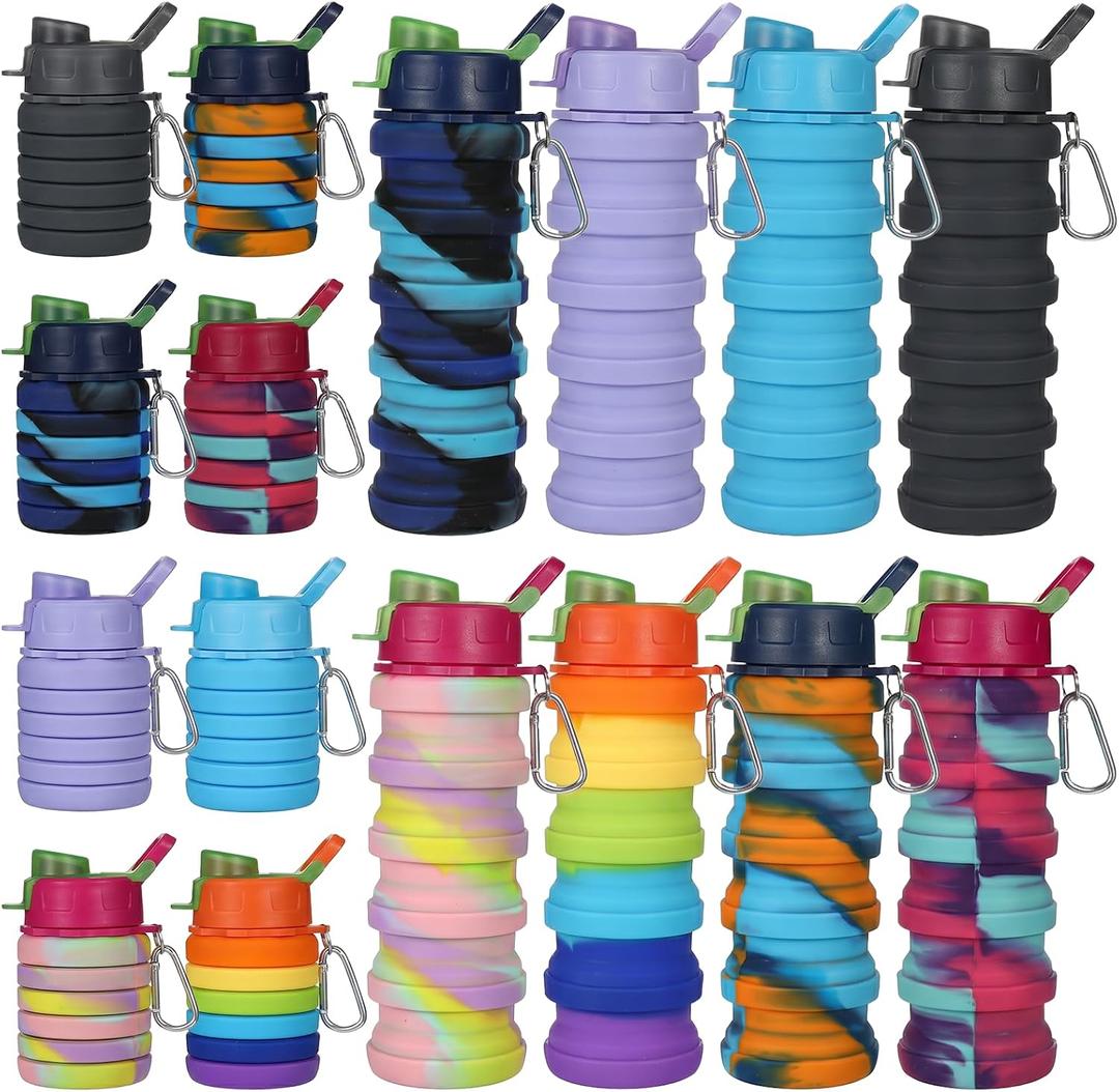 8 Pcs Collapsibles Water Bottles, 16 oz Portable Foldable | Water Bottle with Metal Clip Silicone Leakproof Travel Water Bottle Reusable Sports Waters Bottles for Travel Camping Cycling