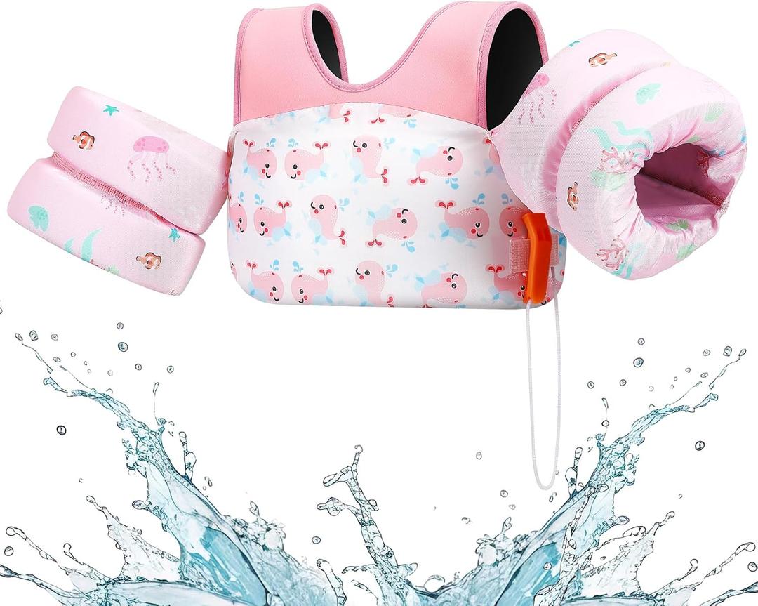 HeySplash Swim Vest for Kids, Toddler Pool Floaties Fit 20-50/70 Lbs, Children Swimming Vest with Adjustable Strap, Swim Jacket Water Wing Arm Float, Puddle Sea Beach Boat Jumper Boy Girl Baby (B Pink Whale)
