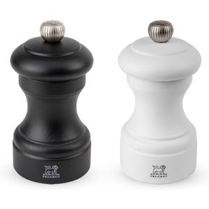 Peugeot Bistro Duo Manual Salt and Pepper Mill Set - Classic Adjustable Grinder, Beechwood, 4 inch, Black and White (2.4 x 2.4 x 3.1 inches (Pack of 1))