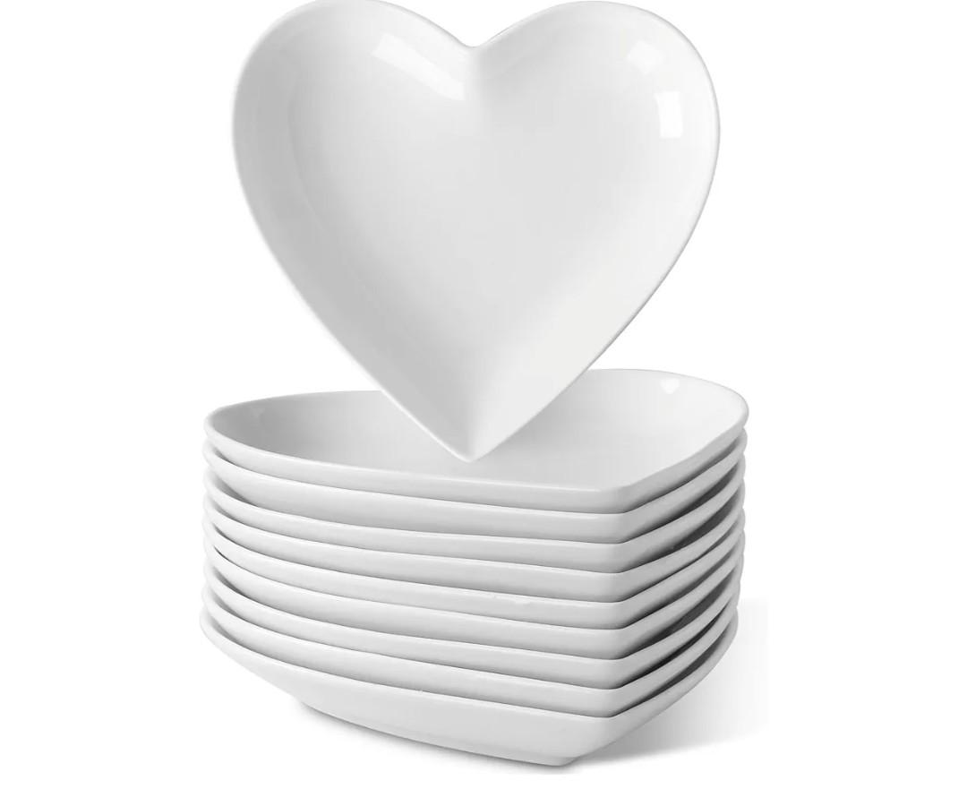 10 Pack Ceramic Appetizer & Dessert Plates, 7.5 Inch White Heart Shape Plates for Elegant Dessert Display, Lightweight Small Lunch Plate, Oven, Dishwasher & Microwave Safe