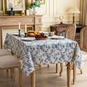 Square Tablecloth 55 x 55 Inch - Vintage Beige Linen Look Table Cloth - Machine Washable Farmhouse Pastoral Water Resistant Table Cover, Picnic, Indoor Kitchen Outdoor & Dining, Blue Floral Flower