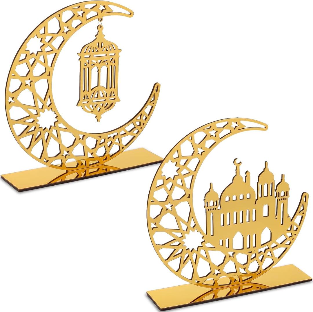 2 Pieces Ramadan Decorations for Home Islamic Eid Mubarak Kareem Table Sign Crescent Moon Hollow Star Ornament for Muslim Party Ramadan Table Decor Art Craft Decoration Golden Moon