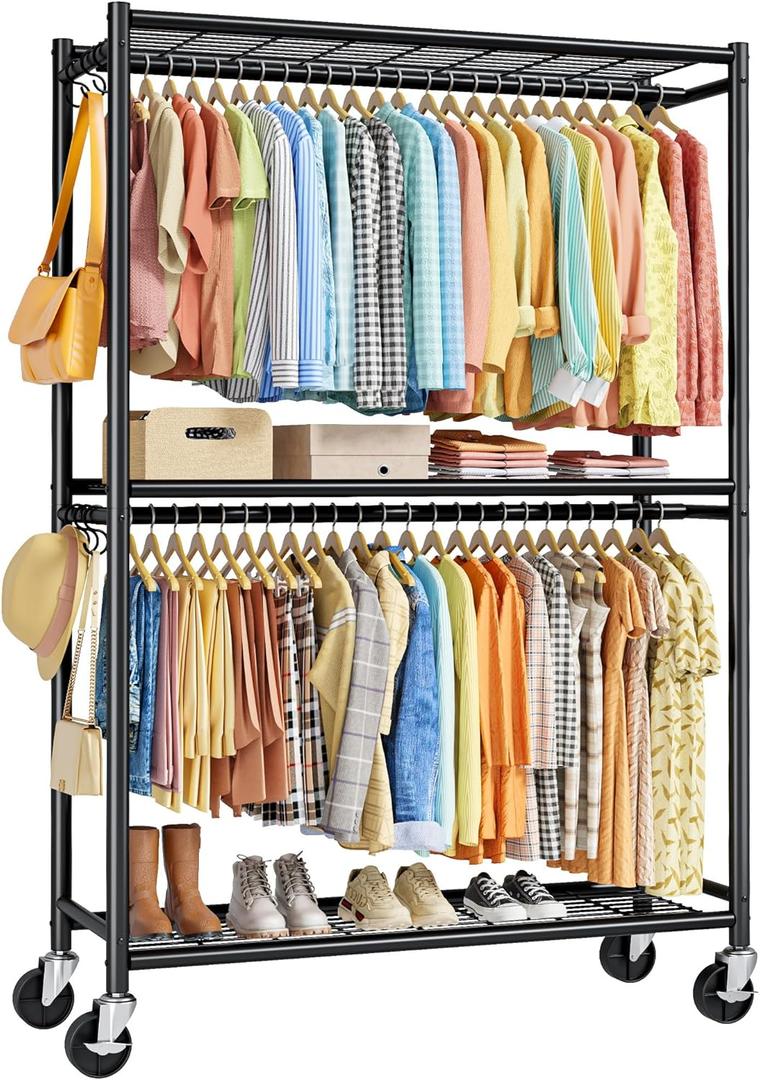 Sakugi Clothes Rack - Double Hanging Rod Clothing Rack with Wheels & Leveling Feet, Large Capacity Wardrobe Closet with Shelves for Bedroom, Laundry Room, Entryway, 45.2" x 12.6" x 80.7", Black
