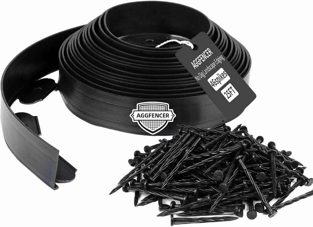 4 in x 25 Ft Garden Landscape Edging, No Dig Garden Edging Border Kit with 46 Pcs Spikes for Flower Bed Lawn Yard Grass Black