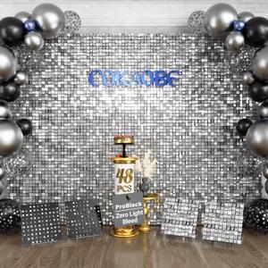 COKAOBE ProBlack Series Shimmer Wall Backdrop 48 Pcs, Silver Square Sequin Glitter Backdrop Panel, Black Back Not See-Through Design, Perfect for Birthday Graduation Wedding and Party Decoration
