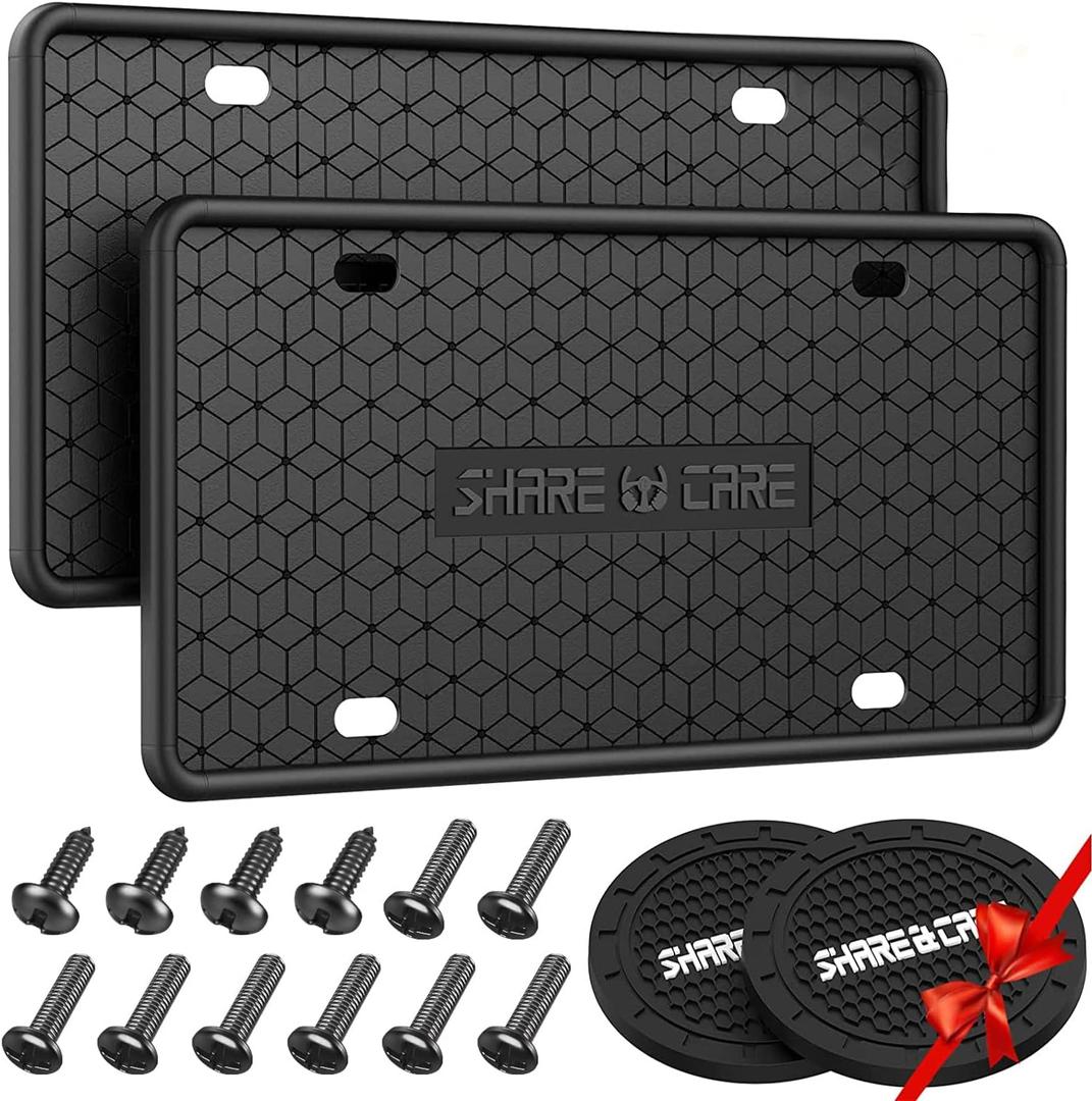 2 Pack Silicone License Plate Frame, Front Back License Plate Cover, License Plate Bracket Holder Rust-Proof Rattle-Proof Weather-Proof for US CA Standard Car & 2Pcs Water Coaster (Black)