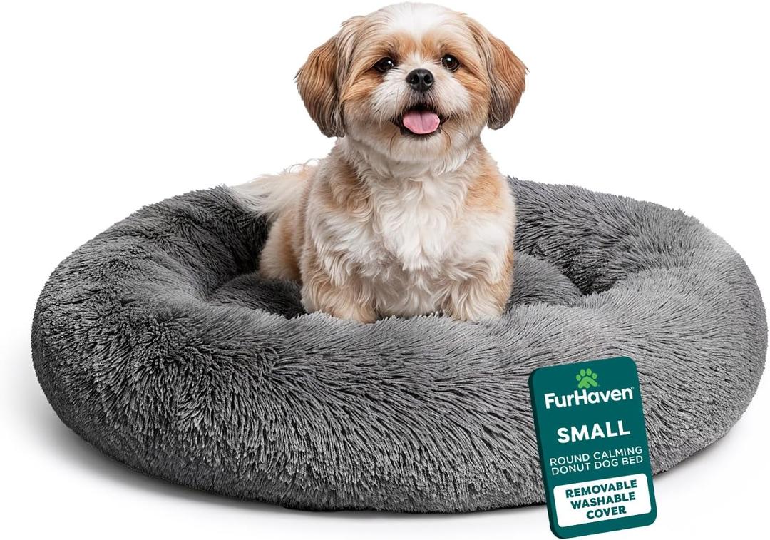Furhaven 23" Round Calming Donut Dog Bed for Indoor Cats & Small Dogs, Washable, For Dogs Up to 20 lbs - Shaggy Plush Long Faux Fur Donut Bed - Gray, Small, 23.0"L x 23.0"W x 9.0"Th