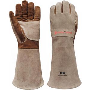Cowhide BBQ Welding Gloves, Long Sleeve Fireproof and Heat Resistant Mitts for Barbecue, Firefighting, Fireplace, Oven (Large, Coffee)