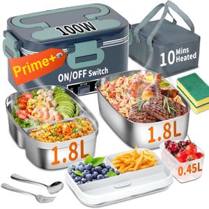 IFENROL Electric Heated Lunch Box for Adults, 100W 3-IN-1 2 Pack 1.8L Containers Heating Lunch Box for Men Portable Double Layer, Fast Heated Food Warmer,12V/24V/110V for Car Truck Office Home