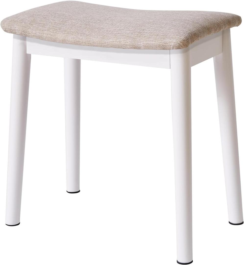 IBUYKE Saddle Cushion Vanity Stool Chair, Foot Rest Stool with Solid Wood Legs, Modern Vanity Bench Ottoman for Piano, Upholstered Seat for Bedroom, Entryway, White Legs&Light Linen WBD007WY