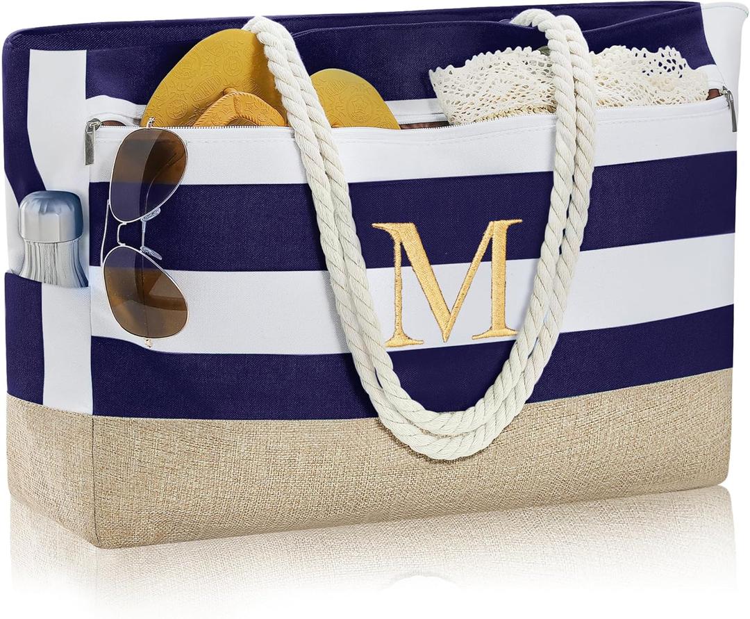 YOOLIFE Large Initial Beach Bag Waterproof Tote Zipper Bag Personalized Gifts for Women Her Birthday Travel Beach Essential (Dark Blue), Medium