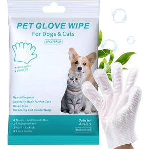 Pet Cleaning Glove Wipes for Dogs & Cats, Cleaning and Deodorizing Disposable Bathing Wipes for Fur, Paws and Butt,Rinse Free for Grooming and Travel, Hypoallergenic Unscented, 6 PCS