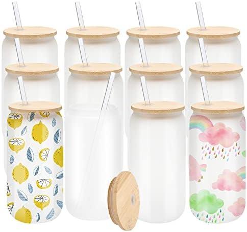 WHEATHUSK 12 Pack Sublimation Glass Cups Frosted 16oz Blanks Beer Can Borosilicate Glasses Tumbler with Bamboo Lids and Straws for Beer, Juice, Soda, Iced Coffee, Drinks