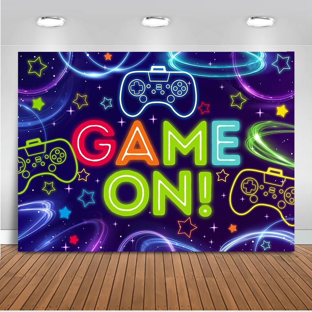 Mocsicka Game On Backdrop 7x5ft Video Game Level Up Boys Gaming Birthday Decorations Background Birthday Party Supplies Kids Adults Gaming Party Decors Baby Shower Cake Table Photo Booth Props