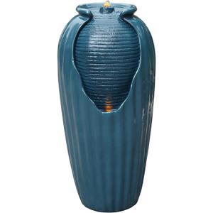 Teamson Home 32 in. Outdoor Contemporary Glazed Contoured Vase Water Fountain with LED Lights to Create a Calming Oasis in Gardens and Landscaping, on Patios, Balconies, Lawns, Teal Blue