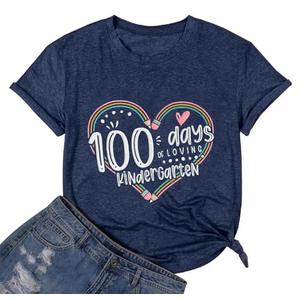 Sfyhnopy 100 Days of School Shirt Women 100 Days of Loving Kindergarten Tshirts Teacher Appreciation Gift Dark Blue XL