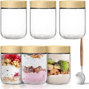 16oz Overnight Oats Jars,Overnight Oats Containers with Bamboo Lids for Meal Prep,Wide mouth Mason Glass Salad Jars with Spoons,Glass Food Storage Container for Yogurt Chia Pudding Spice Sugar(3Pack)