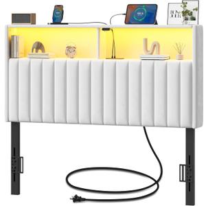 Rolanstar Headboard for Twin Size Bed with Storage, Velvet Upholstered Head Board with USB & Type C Port, 60,000 DIY Color of LED Light Height Adjustable, Sturdy, Easy Assembly, White