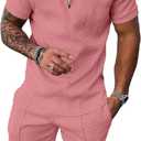 Mens Track Suits 2 Piece Summer Short Sets Outfits Fashion Polo Shirt Casual Short Sleeve and Shorts Set (Large, Pink)