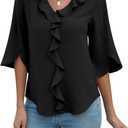 Blooming Jelly Womens Dressy Casual Blouses 3/4 Sleeve V Neck Ruffle Tops Business Ladies Summer 2025 Trendy Work Shirt (XX-Large, Black)