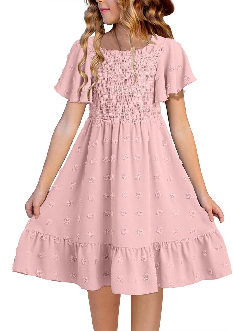 blibean Tween Girls Summer Dress Big Kids Short Sleeve Ruffle Polka Dot Smocked Dresses Party Vestidos para Niñas Size 10-11 Light Pink