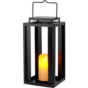 TRIROCKS Large Outdoor Lanterns 17" Decorative Candle Lantern Black Metal Hanging Lantern with LED Flickering Flameless Timer Candle for Home Garden Modern Farmhouse Patio Front Porch Decor (No Glass)