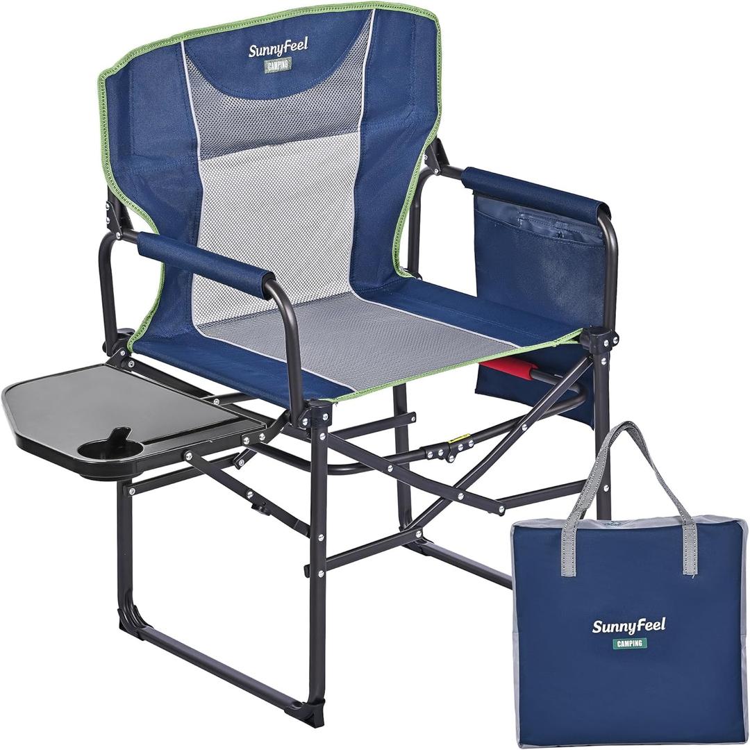 SUNNYFEEL Camping Directors Chair, Heavy Duty,Oversized Portable Folding Chair with Side Table, Pocket for Beach, Fishing,Trip,Picnic,Lawn,Concert Outdoor Foldable Camp Chairs (Navy Blue)