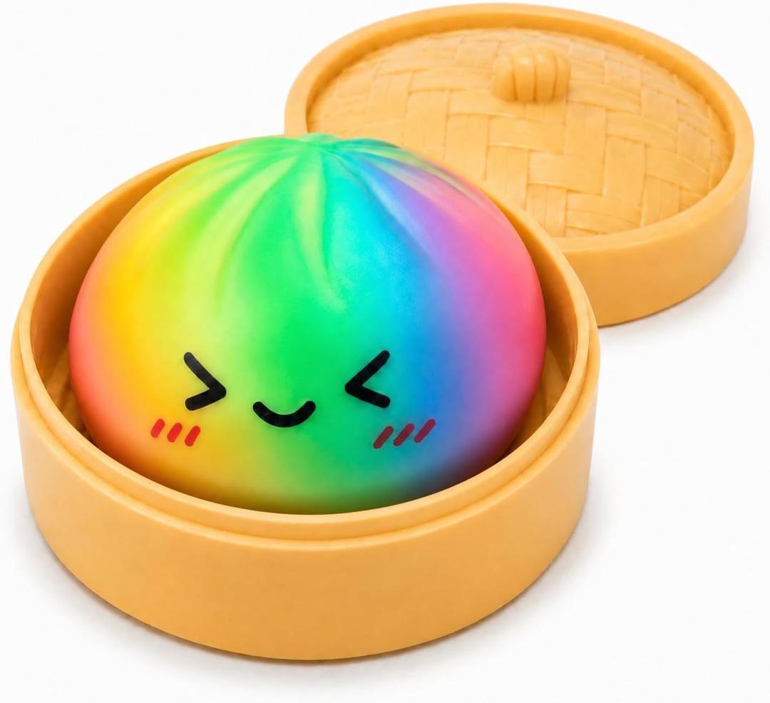 Rainbow Dumpling Squishies Toys with Food Steamer,Colorful Squeeze Dough Fidget Sensory Stress Balls,Stretchy Hand Desk Toys for Stress Relief Squishies Dumpling Gifts