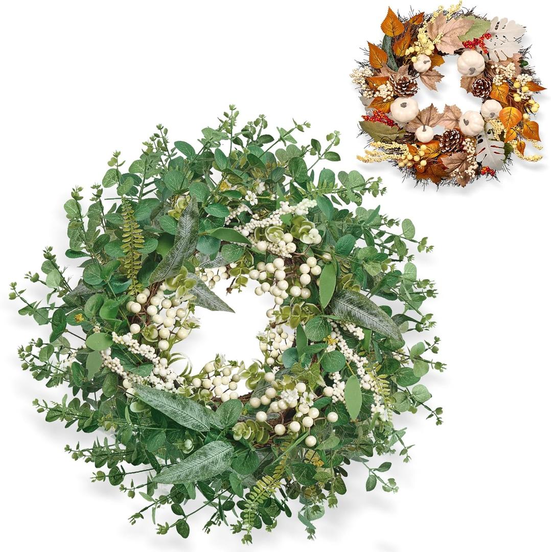 2PACK Spring Wreaths for Front Door Porch Wreath with Eucalyptus and Fall Pumpkin Berries Wreath for Indoor Outdoor Decor for Autumn Harvest Thanksgiving Holiday Celebrations