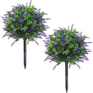 2 Pcs 23.5 Inch Artificial Lavender Plant Topiary Ball Trees with Ground Spike, Artificial Plants Indoor - Suitable for Indoor and Outdoor Gardens, Patios, Front Porches and More(Purple)