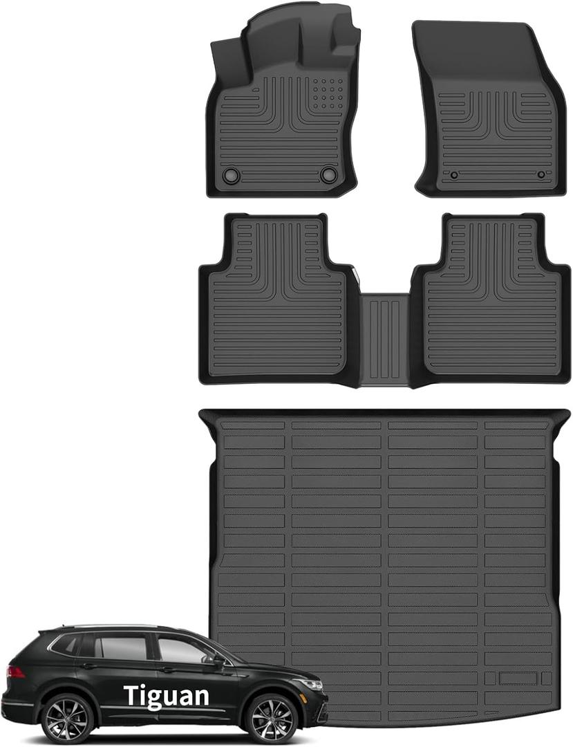 Wayhigh Floor Mats for Volkswagen Tiguan 2018 2019 2020 2021 2022 2023 2024 (Only 5 Seats) All Weather TPE Car Mats Cargo Mat Waterproof Anti-Slip Floor Liners VW Tiguan Accessories- Black