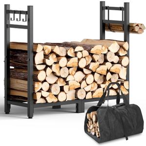 Brightown 34inch Firewood Rack Indoor with Log Carrier, Outdoor Wood Rack for Firewood,Fire Wood Storage with Kindling Hooks, Adjustable Pads, Heavy Duty Logs Holder for Fireplace Deck Outdoor, Black