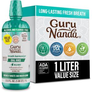GuruNanda Fresh Breath Mouthwash 12-Hour Fresh Breath & Helps Fight Bad Breath ADA Accepted, Alcohol & Fluoride-Free Oral Rinse Wild Mint, 33.8 oz/1 Liter