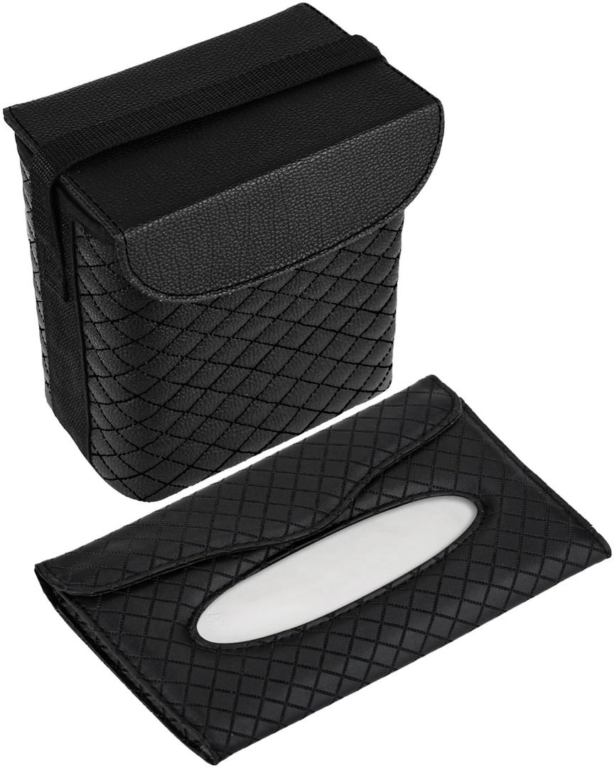 BELINOUS Refined Leather Car Trash Can with Matching Tissue Holder, Waterproof and Leakproof Vehicle Trash Bin, Car Garbage Can with Adjustable Strap