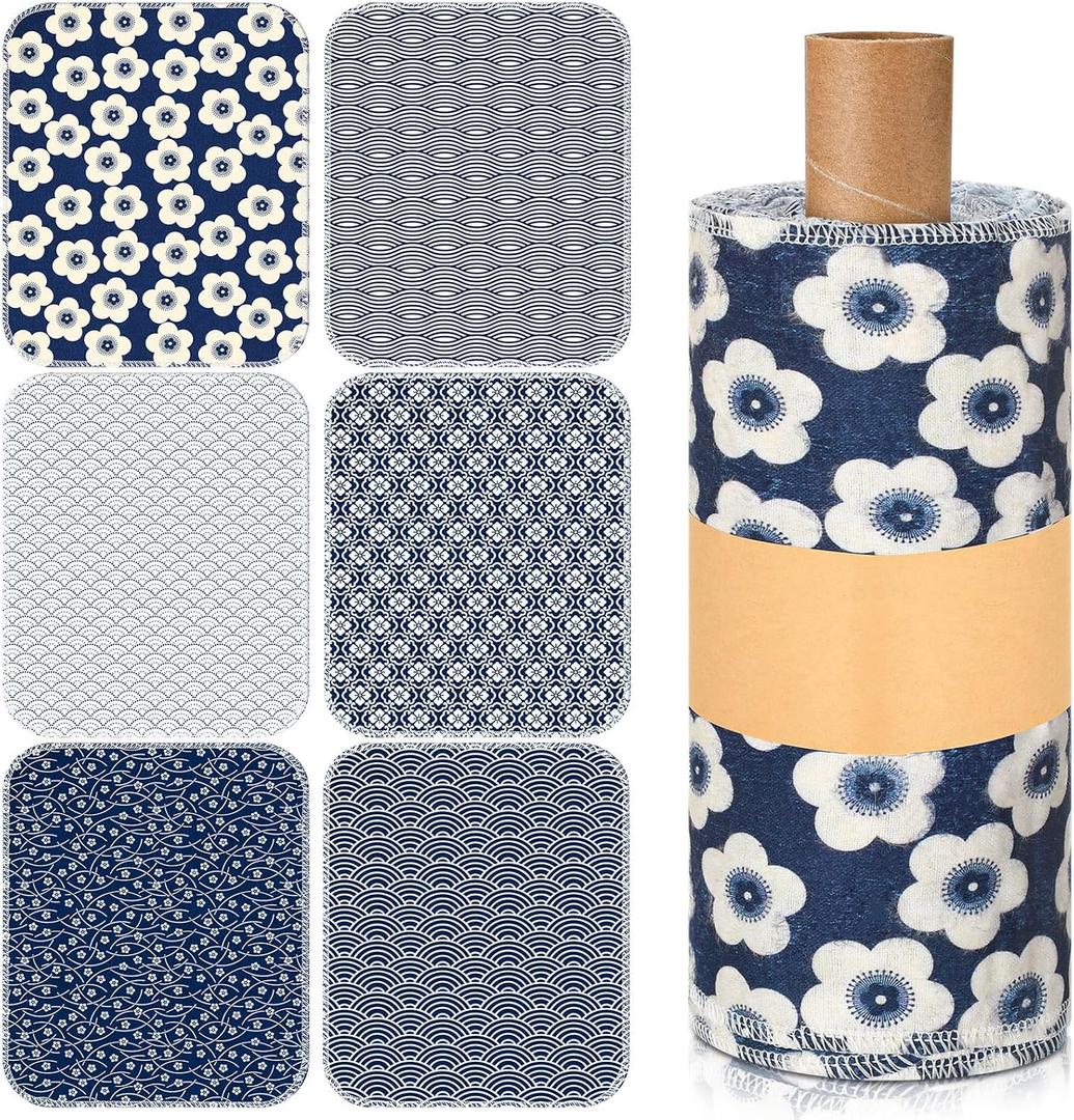 Redbaker 30 Pcs Reusable Paper Towels Rolls Kitchen Towels Bulk Washable Paperless Cloth Cotton Hand Napkins with Cardboard Reusable Napkins for Kitchen Bathroom (Geometric Style)