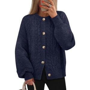 MEROKEETY Cardigan Sweaters for Women Fall Long Sleeve Cable Knit Button Open Front Casual Outerwear Coat (S)