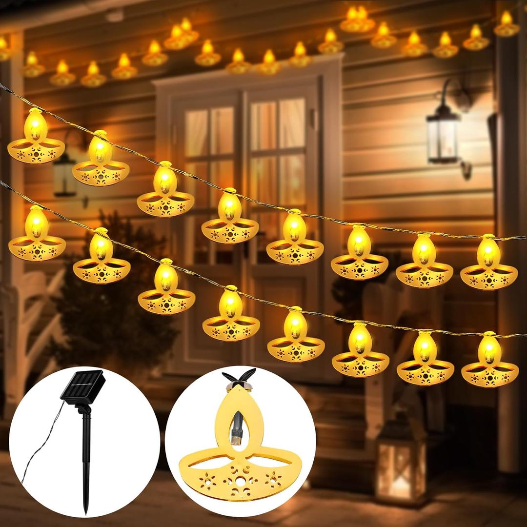 16.4 ft Solar Diwali String Lights 30 LED Diya Solar Lights Indian Diwali Decorations for Warm White Glow for Home Indoor Outdoor Waterproof Indian Party Wedding Decoration