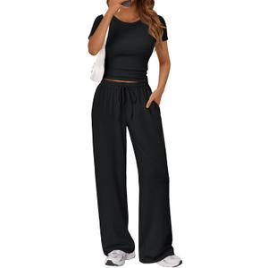 Trendy Queen 2 Piece Matching Summer Sweatsuit Lounge Set Womens Wide Leg Pants Side Ruching Crop Top Sets (Medium, Black)