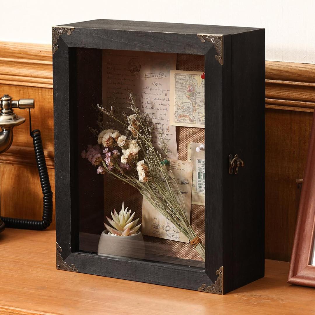 Shadow Box Depth 4.7in Shadow Boxes Display Cases with Cork Board Backing Rustic Burnt Wood Box for Flowers Bouquet Wedding Picture Photo and Keepsake(Black,11x14 Inch)