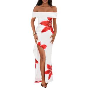 MEROKEETY Women's Floral Off Shoulder Maxi Dresses 2026 Summer High Split Cocktail Wedding Guest Dress (White, L)