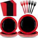 96 Pcs Red and Black Birthday Party Supplies Stranger Black and Red Paper Plates and Napkins Tableware Sets for Xmas Holiday Spooky Theme Baby Shower Fiesta Party Decorations, Serves 24