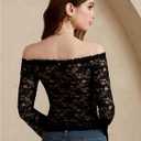 Women's Floral Lace T Shirt Off The Shoulder Long Sleeve Sheer Party Club Crop Tops (Black, M)
