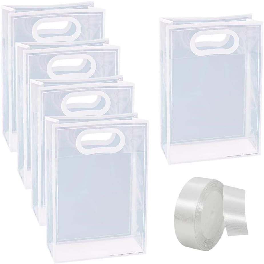 7 Pcs Clear Plastic Gift Bags with Ribbon Transparent Party Favor Bags Reusable Goodie Bags Small Tote Bags Wedding Candy Bags for Birthday Baby Shower Christmas White