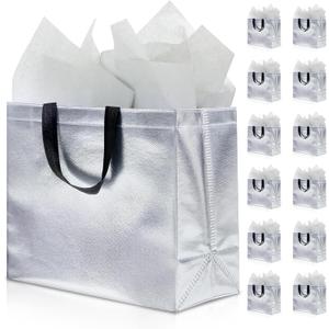 KeerxunBag 12Pcs Reusable Gift BagsIncludes Tissue Paper Gift bag with handle Birthdays Parties Holidays Weddings Medium 13x5x11in Silver Gift Bags