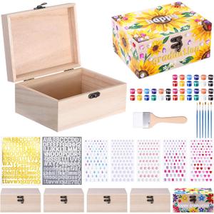 Fiwochic 6 Sets 2026 Senior Boxes Unfinished Wooden Boxes for Graduation Crafts DIY Graduation Memory Keepsake Box 6.7"x5.1"x3.1" with Paints Brushes Gem Letter & Number Decals for Class of 2026 Gifts