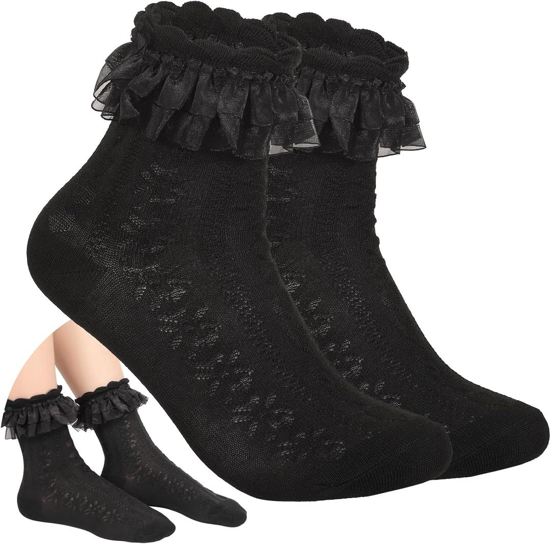 Women's Ruffle Socks - Mid-Calf, Lace Ruffle Frilly Comfortable Cotton Princess Socks (Large, 1 Pair Black)