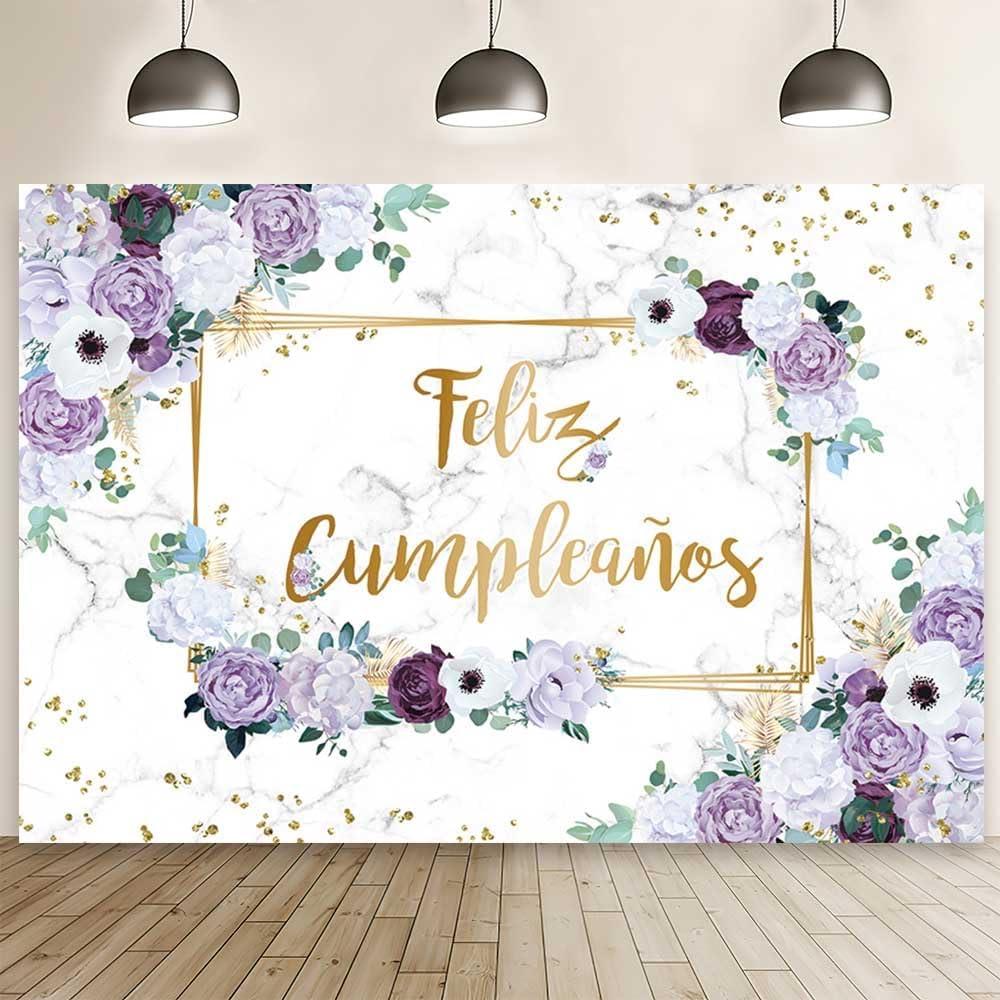 MEHOFOND 7x5ft Feliz cumpleaos Backdrop Purple and White Flower Birthday Photography Background Girls Geometric Gold Glitter Dots Birthday Floral Party Decorations Cake Smash Decor Studio Photo Props